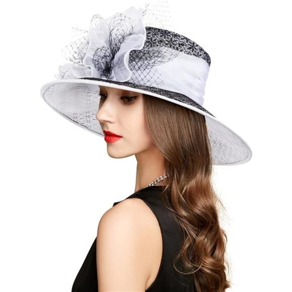 Derby Hats for Women, Classy Organza Sun Hat, White x Black main image 6